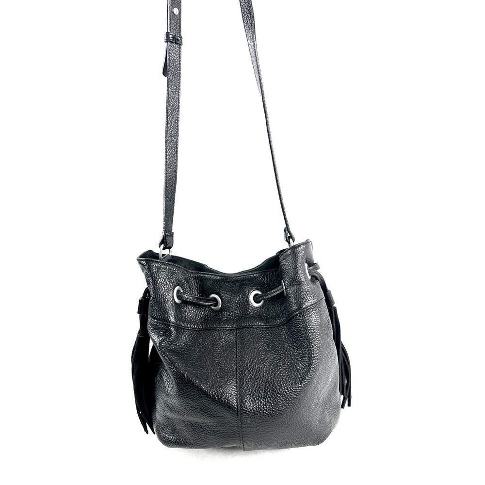 American Eagle Black Pebbled Leather Medium Bucket Drawstring Bag Tassels